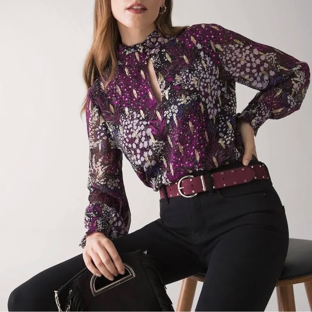 White House Black Market Georgette Blouse Gold Metallic Swiss Dot Textured
